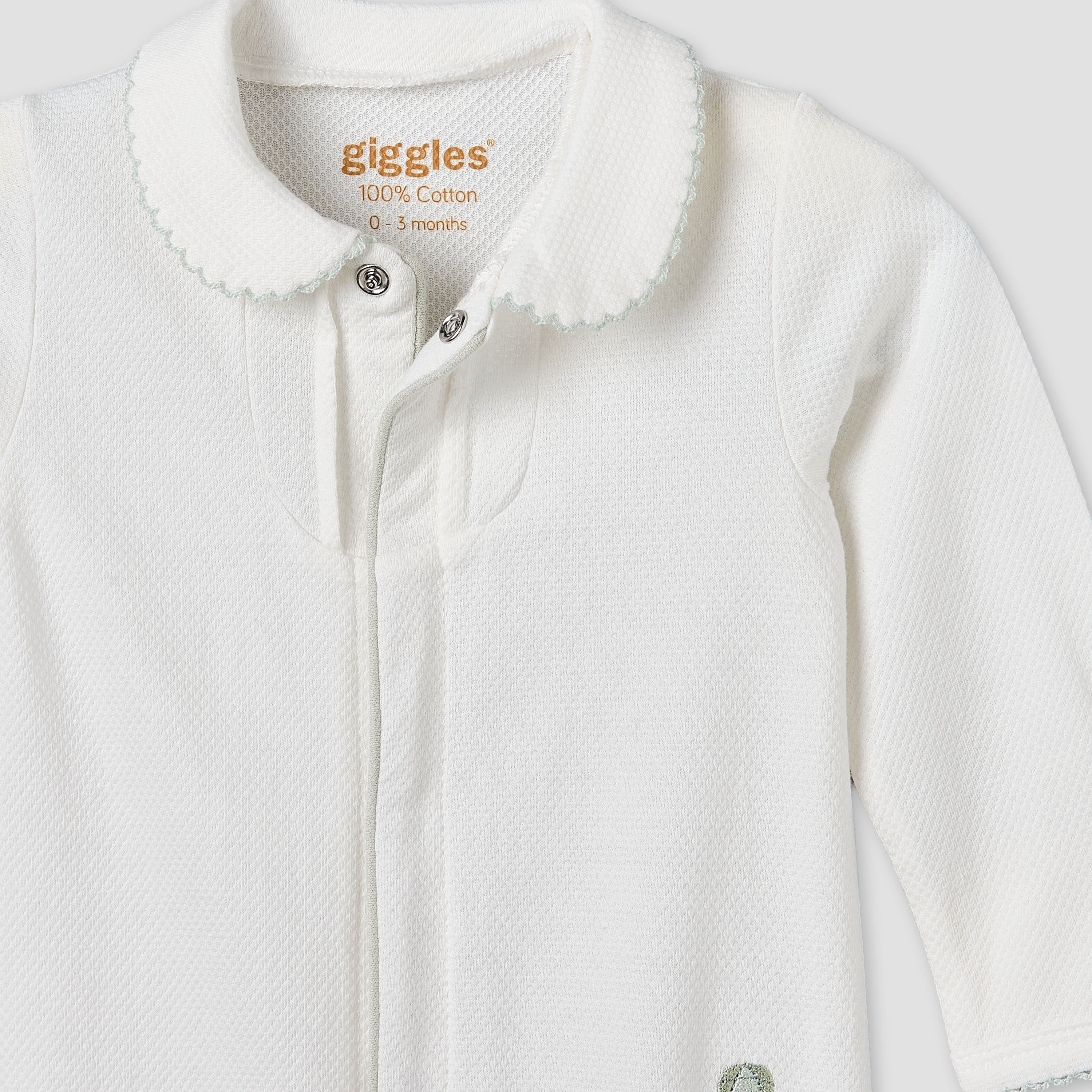 Giggles Cotton Collared Long Sleeves Sleepsuit with Textured Design