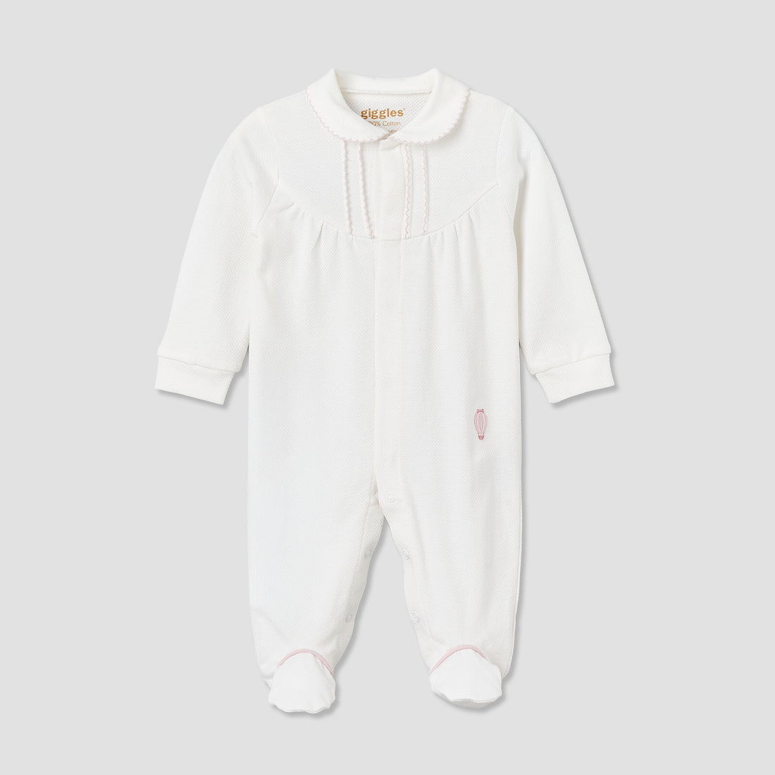 Giggles Cotton Collared Long Sleeves Sleepsuit with Snap Button Closure - White / 9-12 mths