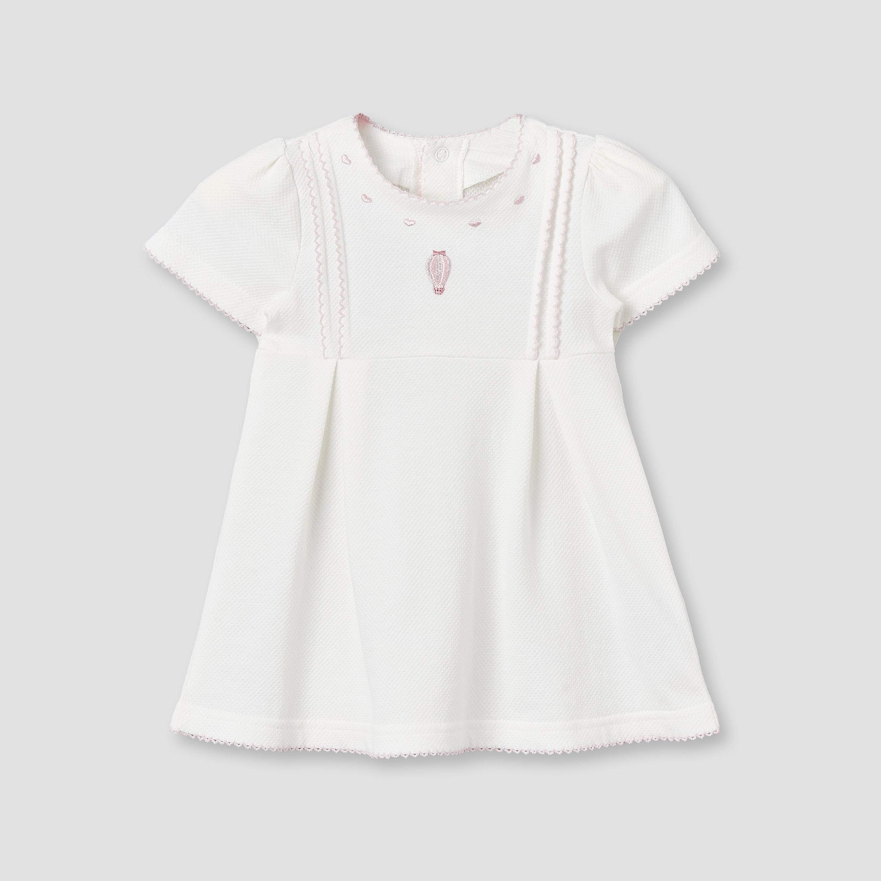 Giggles Round Neck Short Sleeves Knee-Length Dress with Hot Air Balloon Embroidery - White / 12-18 mths
