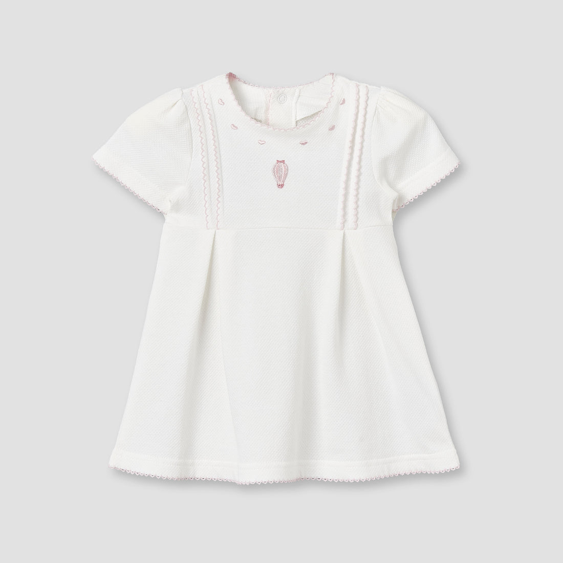 Giggles Round Neck Short Sleeves Knee-Length Dress with Hot Air Balloon Embroidery - White / 12-18 mths