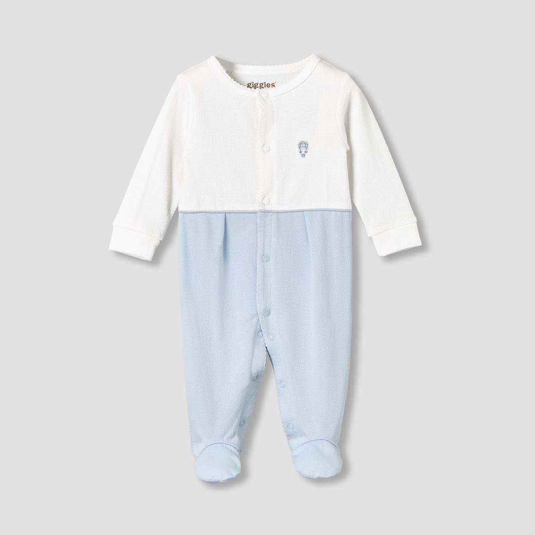 Giggles Cotton Round Neck Long Sleeves Sleepsuit with Hot Air Balloon Embroidery - Blue / 9-12 mths