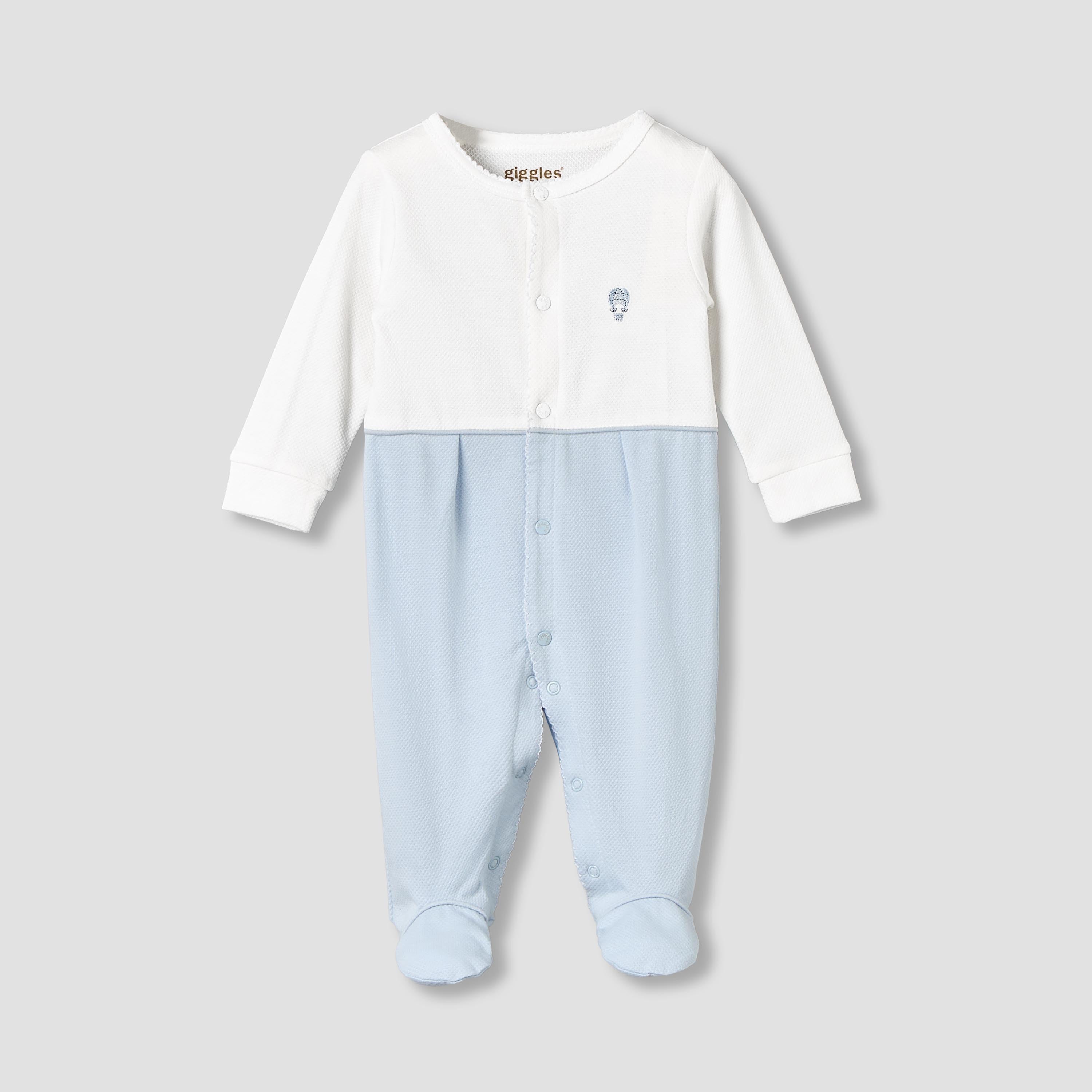 Giggles Cotton Round Neck Long Sleeves Sleepsuit with Hot Air Balloon Embroidery - Blue / 9-12 mths