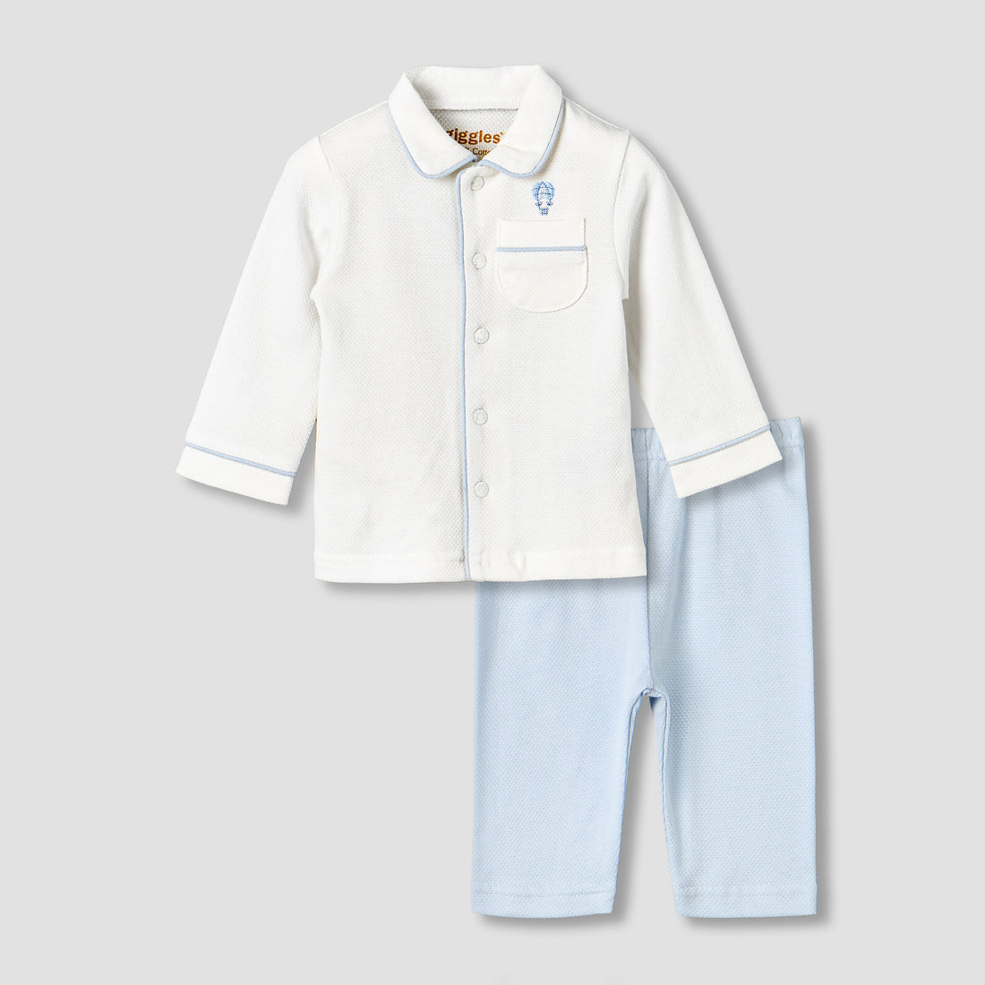 Giggles Cotton Collared Long Sleeves Pyjama Set with Hot Air Balloon Embroidery