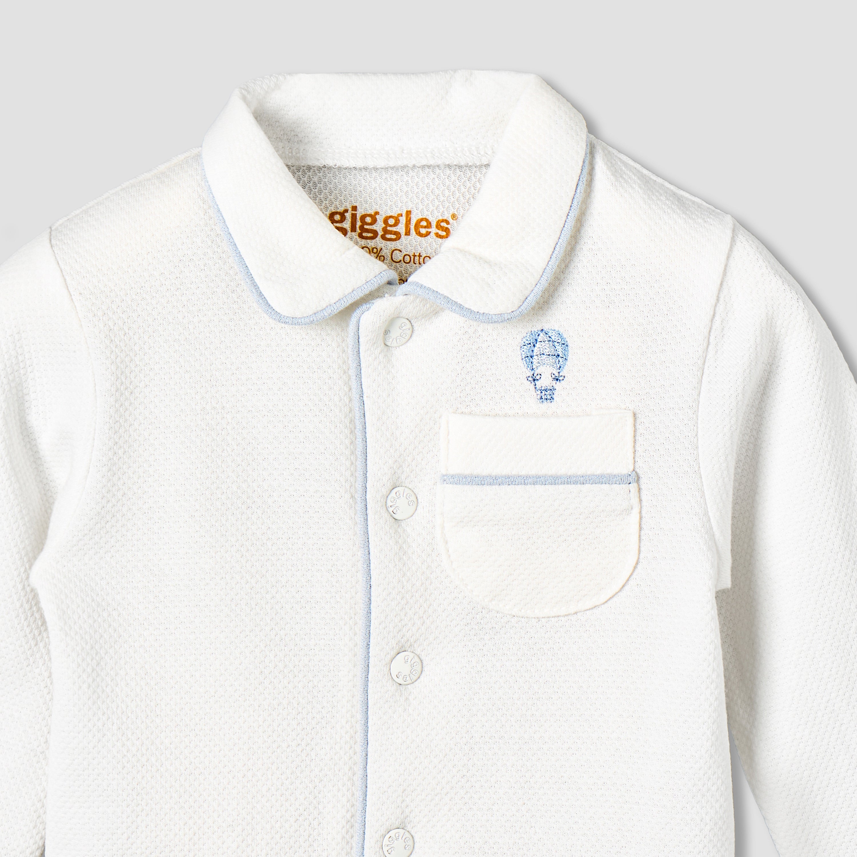 Giggles Cotton Collared Long Sleeves Pyjama Set with Hot Air Balloon Embroidery
