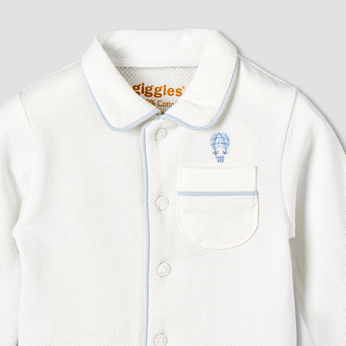 Giggles Cotton Collared Long Sleeves Pyjama Set with Hot Air Balloon Embroidery