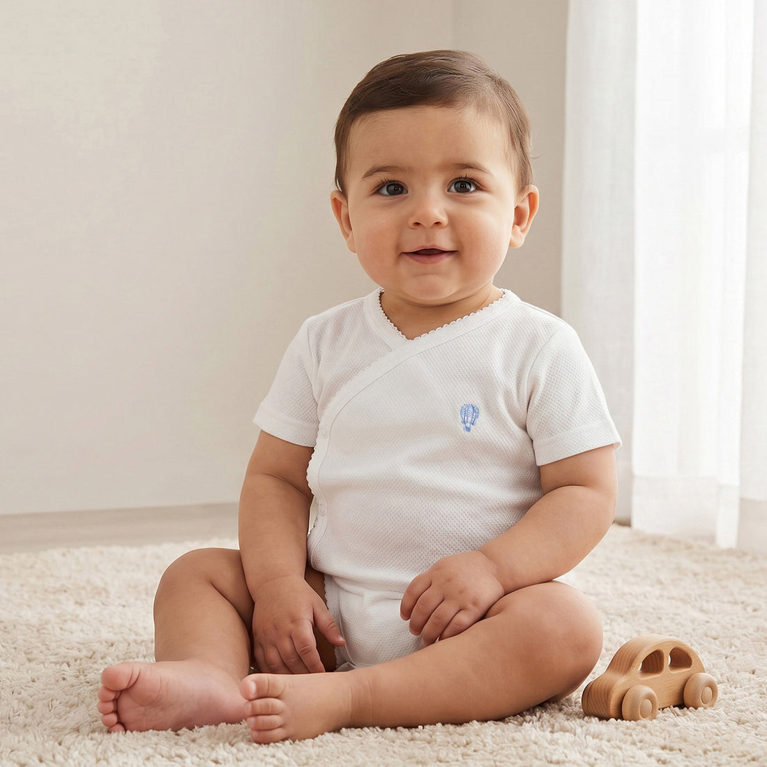 Giggles V-neck Short Sleeve Bodysuit with Snap Button Closure - White / 12-18 mths