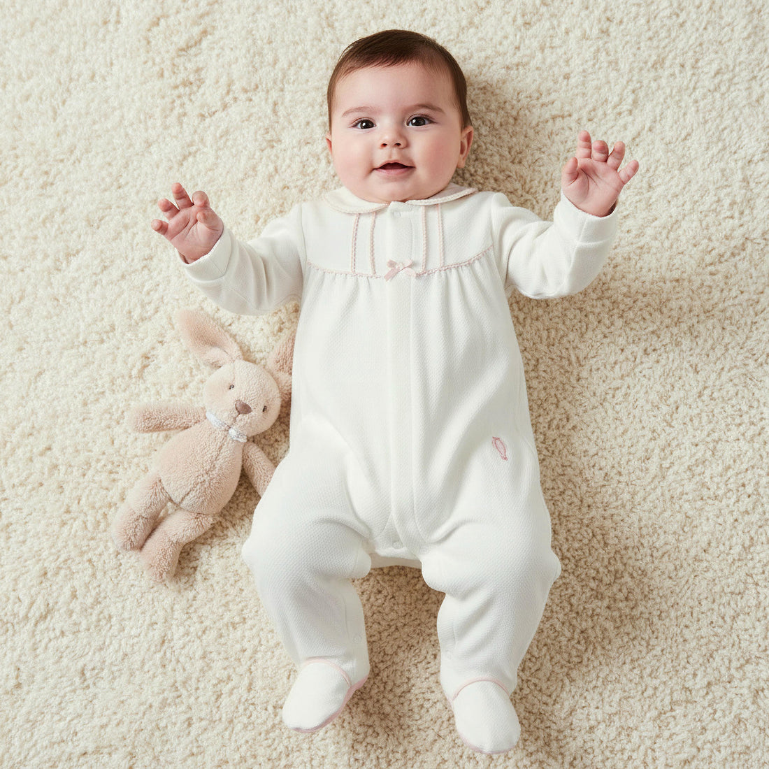 Giggles Cotton Collared Long Sleeves Sleepsuit with Snap Button Closure - White / 9-12 mths