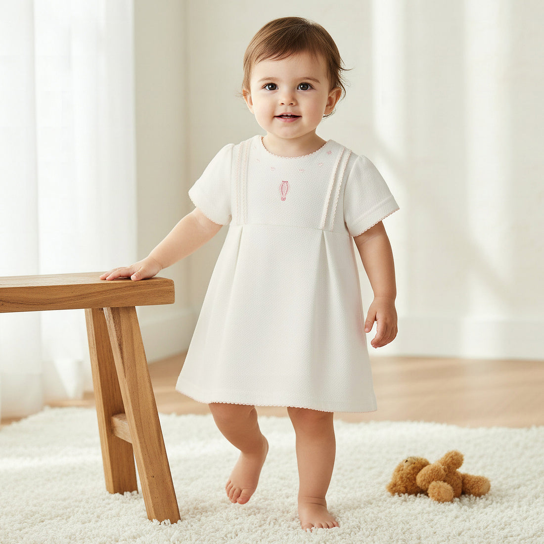 Giggles Round Neck Short Sleeves A-line Dress with Embroidery - White / 12-18 mths