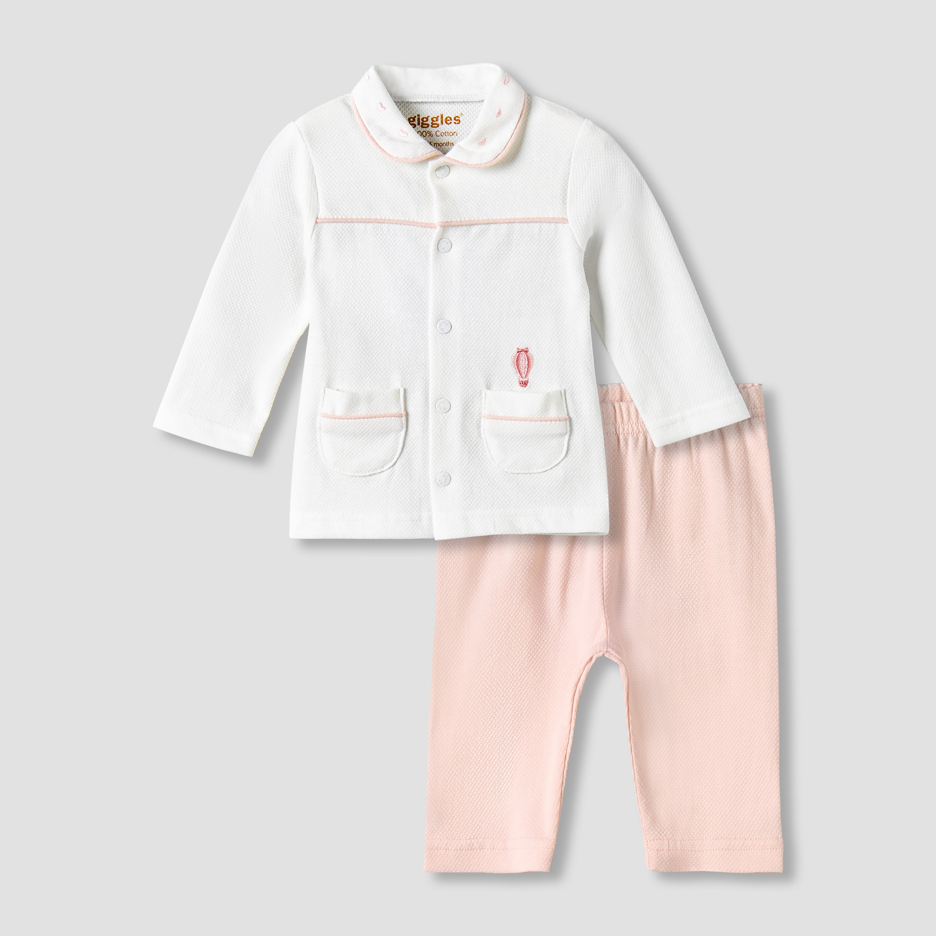 Giggles Cotton Peter Pan Collar Long Sleeves Pyjama Set with Hot Air Balloon Embroidery - Multicolour / 12-18 mths