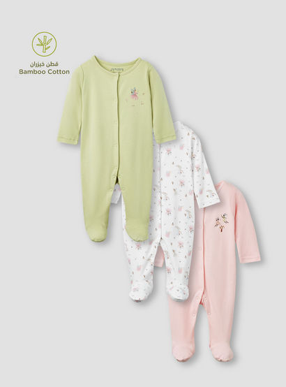 Juniors Printed Closed Feet Sleepsuit with Long Sleeves - Set of 3-baby-girls-clothing-nightwear-sleepsuits-image-1