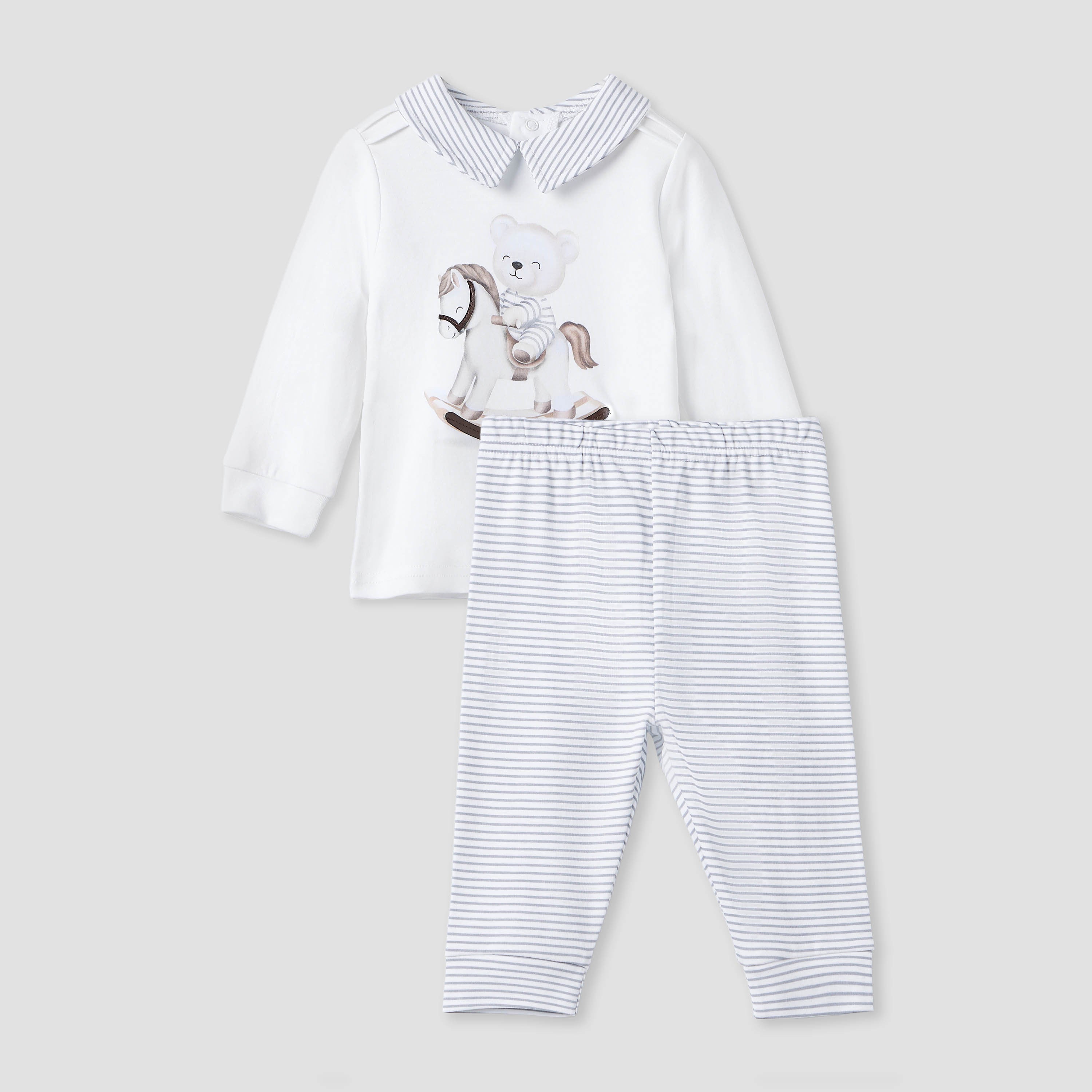 Giggles Printed Collared T-shirt and Pyjama Set - White / 18-24 mths