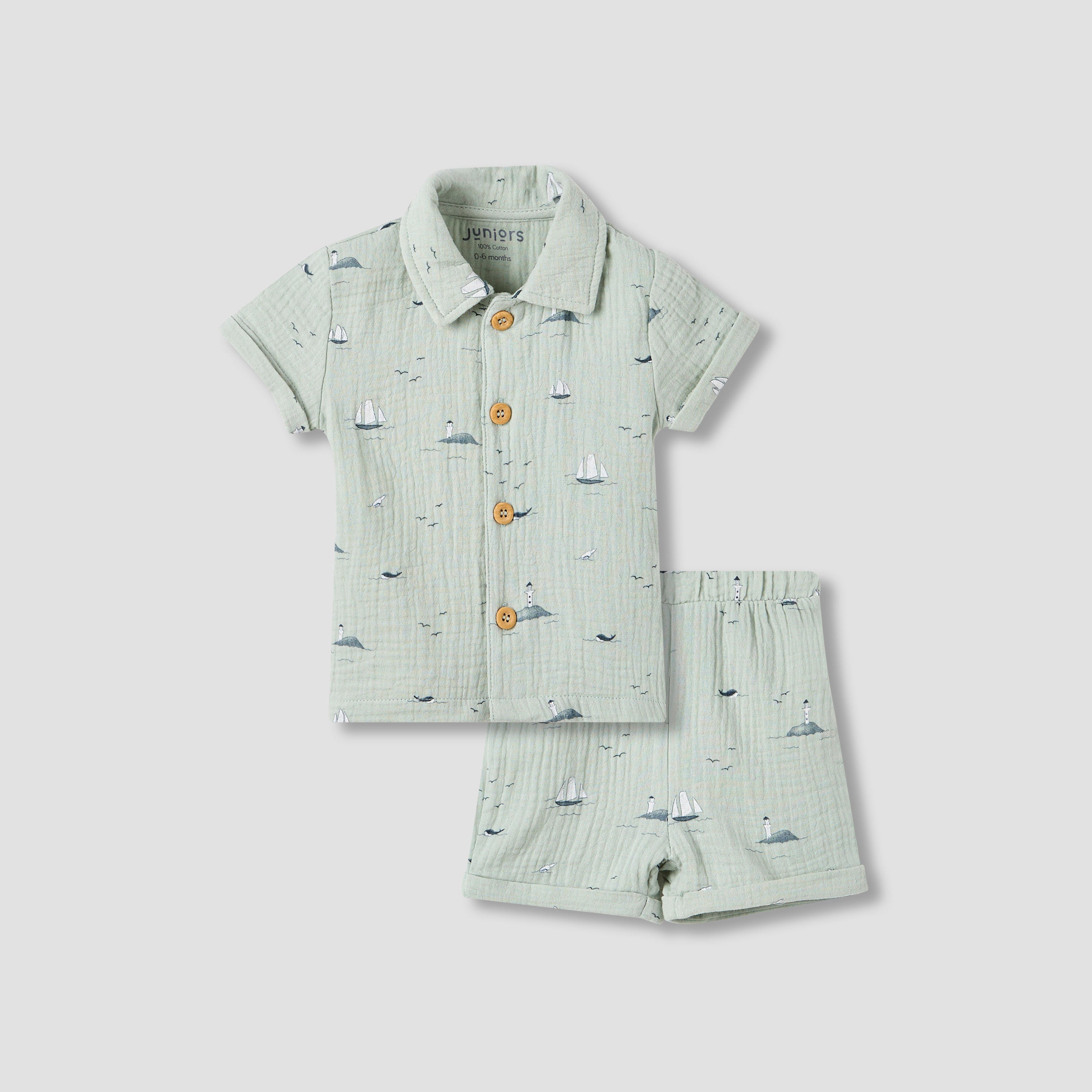 Juniors Boys Shirt and Shorts Set with Fun Print - Muslin Cotton - Short Sleeves - Collar - Green / 12-18 mths