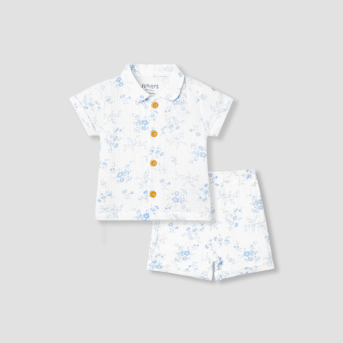 Juniors Girls Shirt and Shorts Set with Floral Print - Cotton - Short Sleeves - Collar