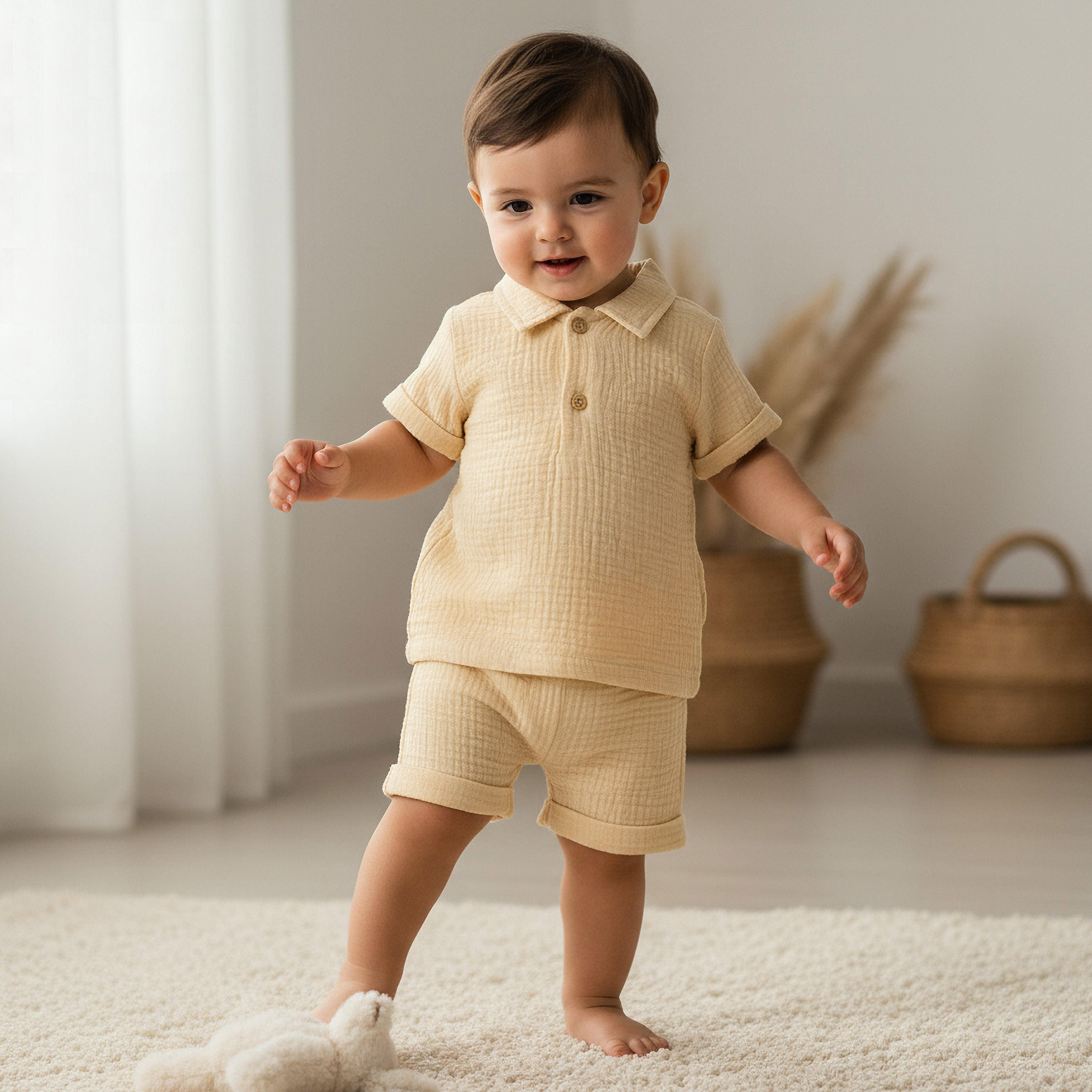 Juniors Cotton Collared Short Sleeves Shorts Set with Textured Design