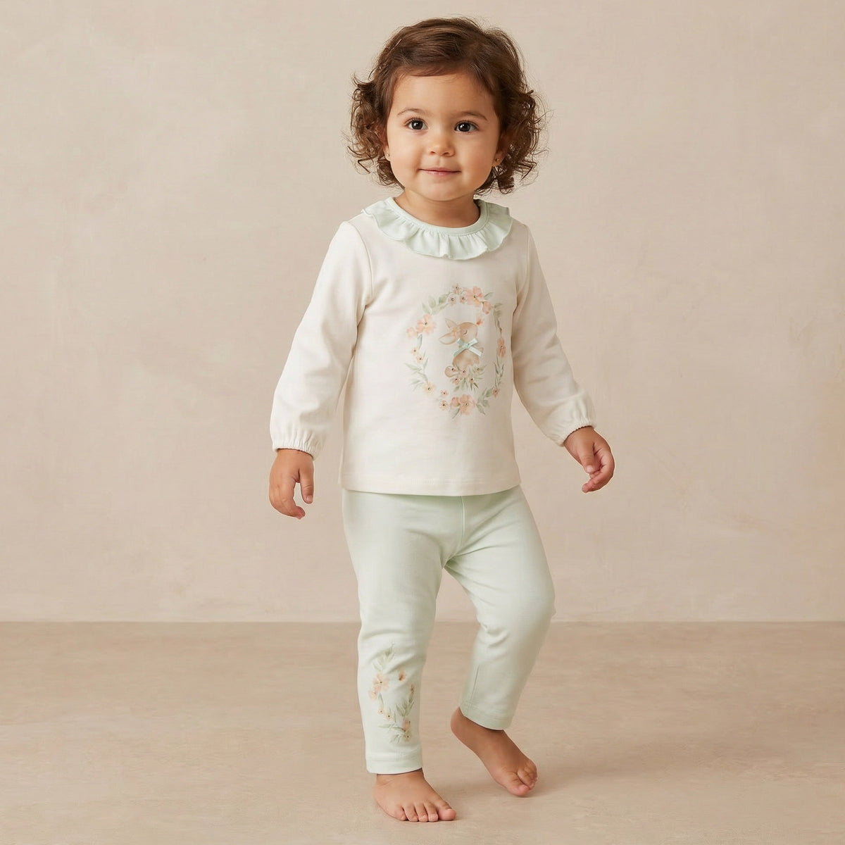Giggles Cotton Round Neck Long Sleeves Pyjama Set with Rabbit Print