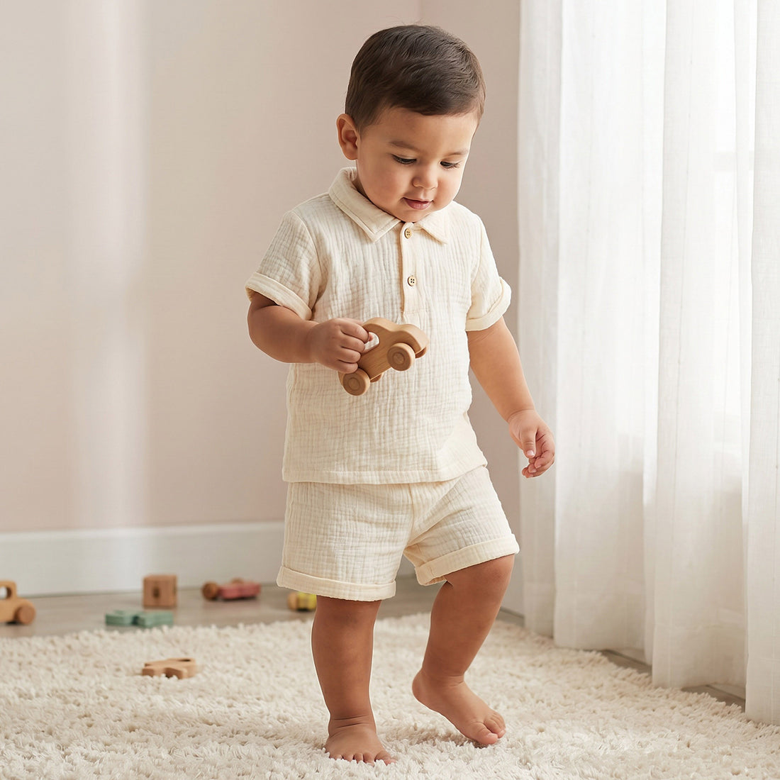 Juniors Cotton Collared Short Sleeves Shorts Set with Textured Design - Cream / 12-18 mths