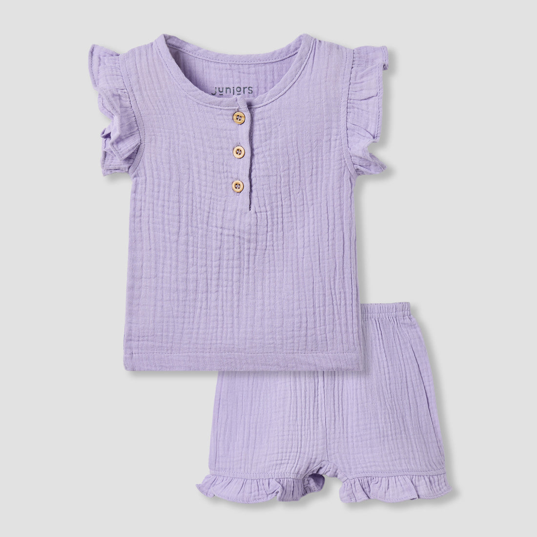 Juniors Cotton Round Neck Cap Sleeves T-shirt and Shorts Set with Ruffles - Purple / 12-18 mths
