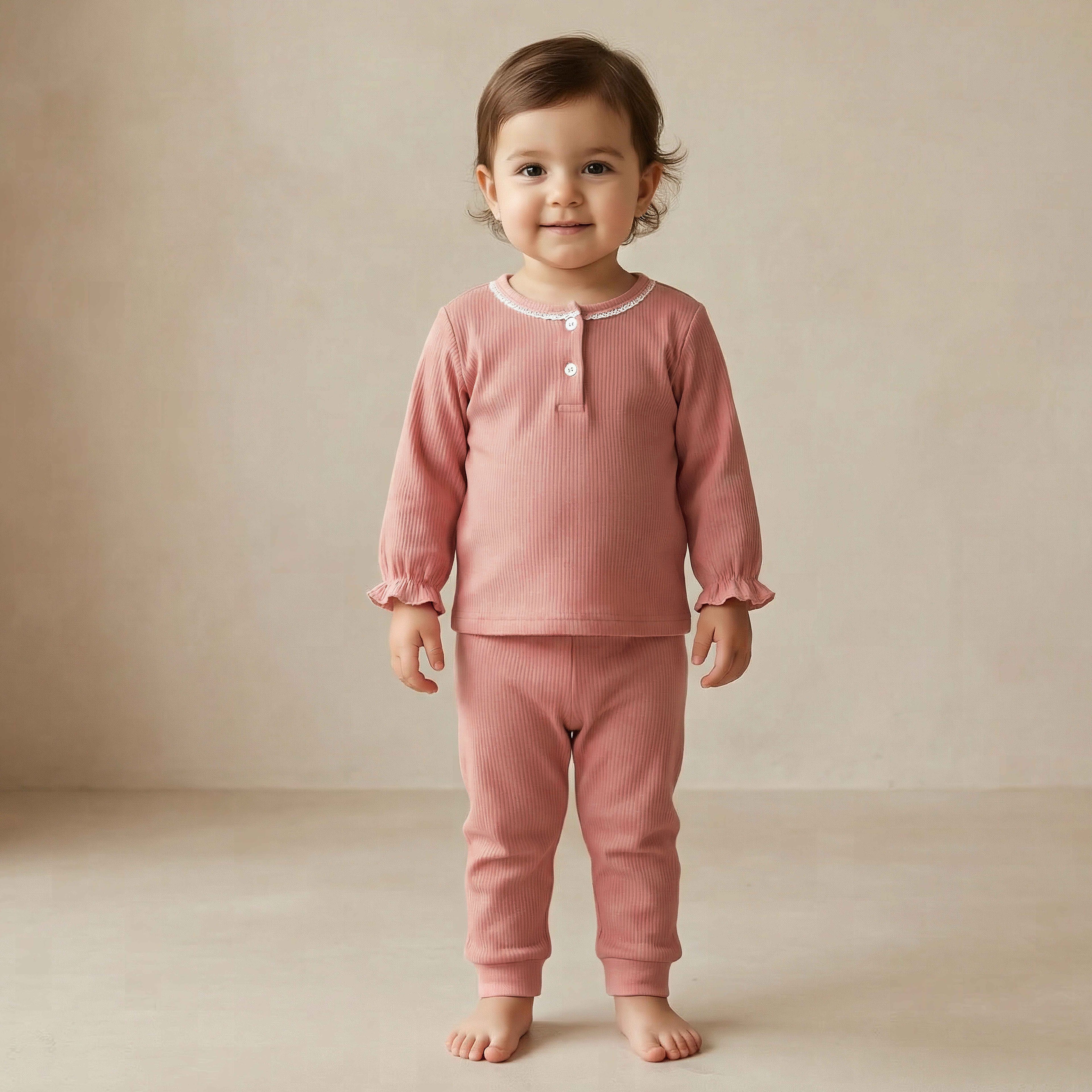 Giggles Henley Neck Long Sleeves Pyjama Set with Lace Trim - Pink / 12-18 mths