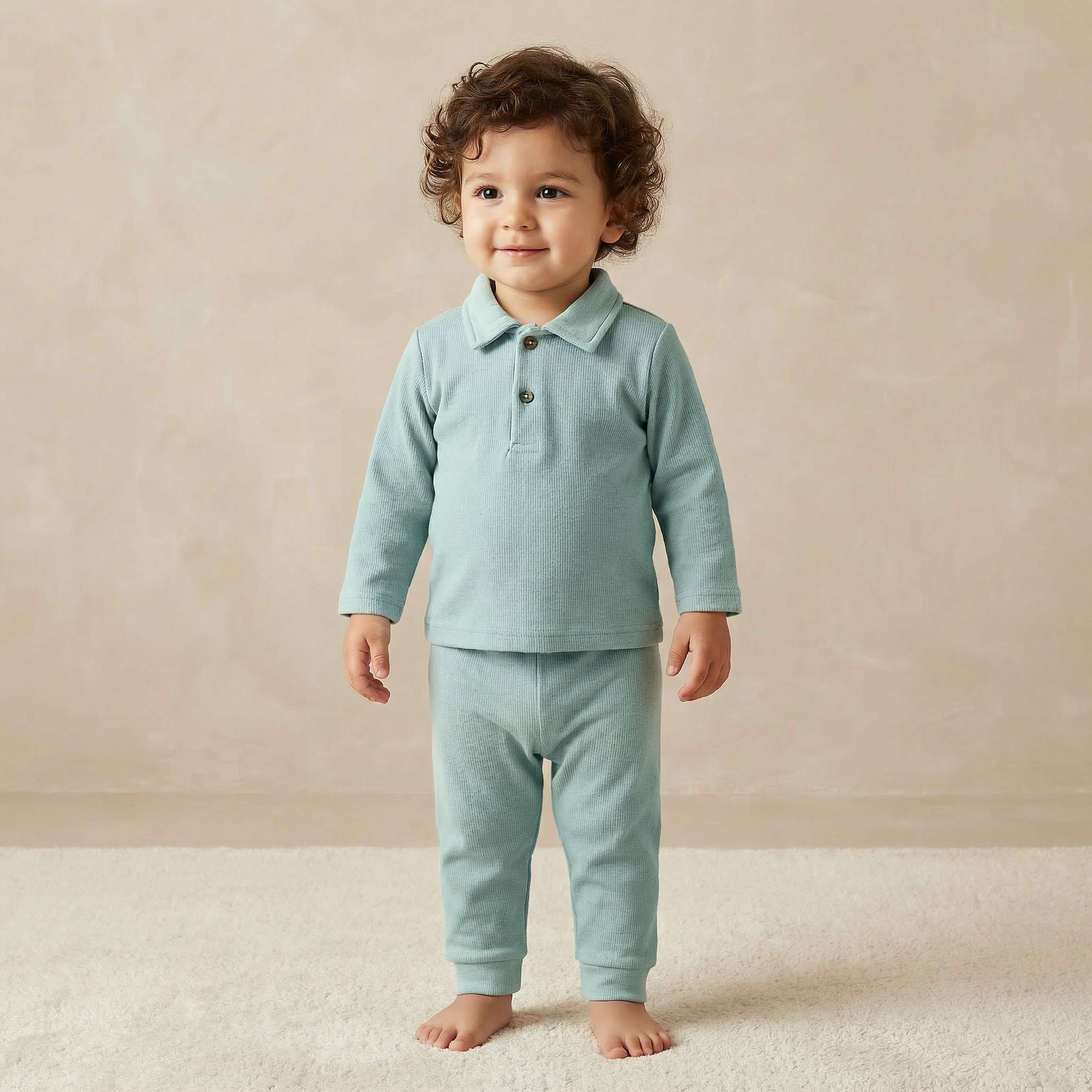 Giggles Collared Long Sleeves Pyjama Set with Ribbed Texture - Green / 18-24 mths