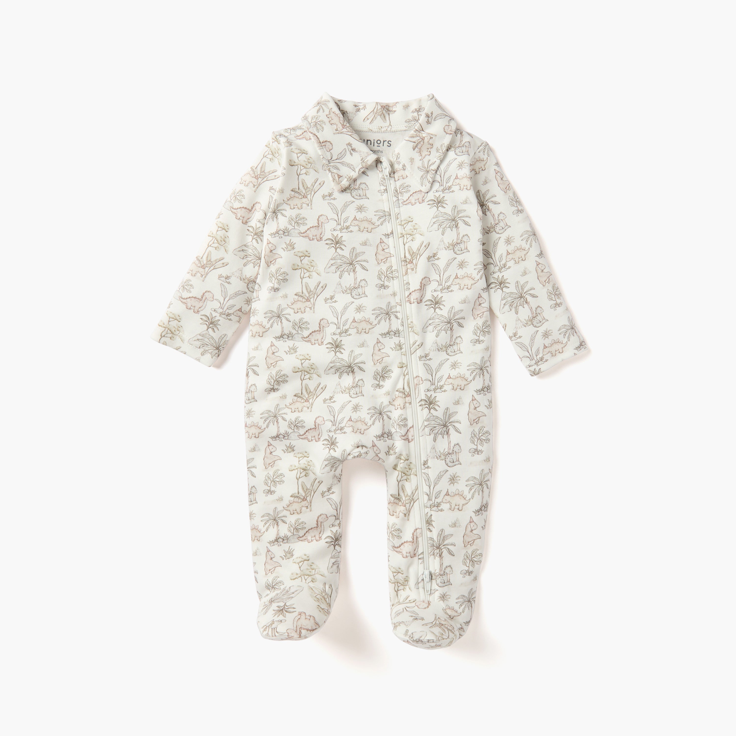 Juniors Dinosaur Print Sleepsuit with Collar and Zip Closure - White / 12-18 mths