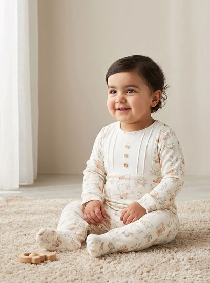Juniors Rabbit Print Sleepsuit with Pintuck and Button Detail-baby-boys-clothing-nightwear-sleepsuits-image-1