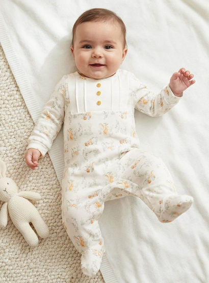 Juniors Rabbit Print Sleepsuit with Pintuck and Button Detail-baby-boys-clothing-nightwear-sleepsuits-image-2
