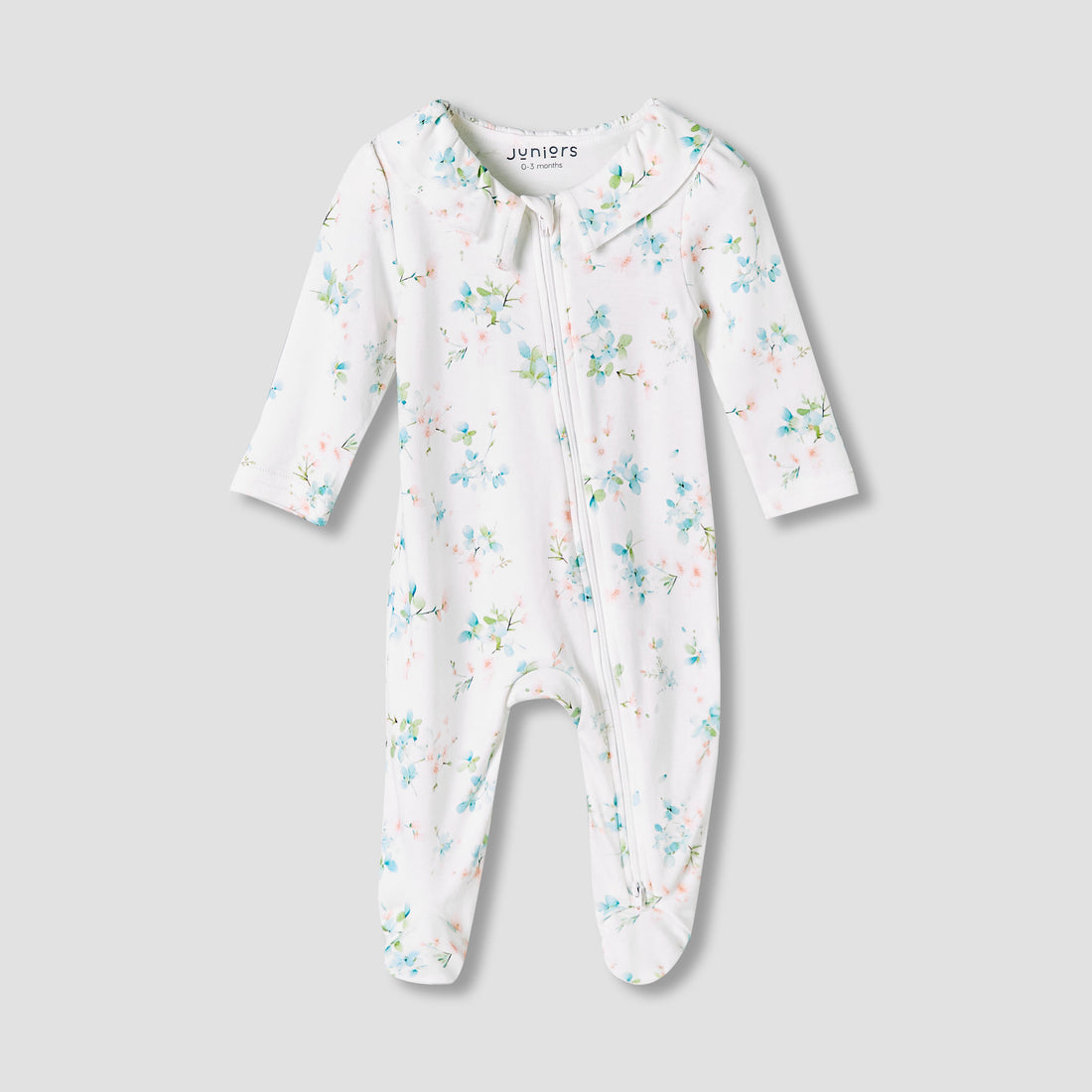 Juniors Bamboo Cotton Collared Long Sleeves Sleepsuit with Floral Print - White / 12-18 mths