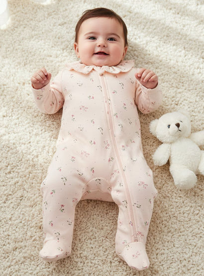 Juniors Bamboo Cotton Collared Long Sleeve Sleepsuit with Floral Print-baby-girls-clothing-nightwear-sleepsuits-image-1