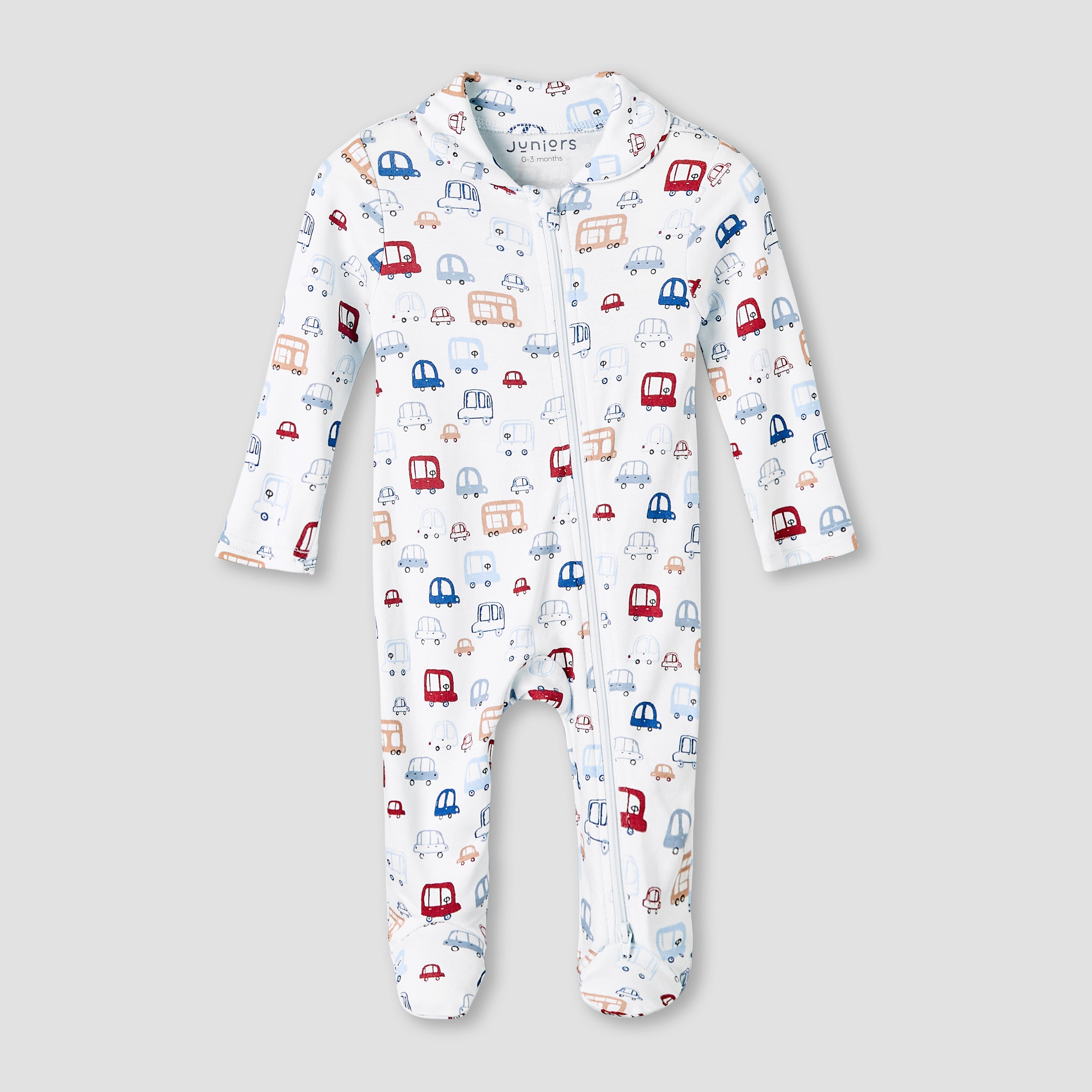Juniors Bamboo Cotton Collared Long Sleeve Sleepsuit with Vehicle Print - Blue / 12-18 mths