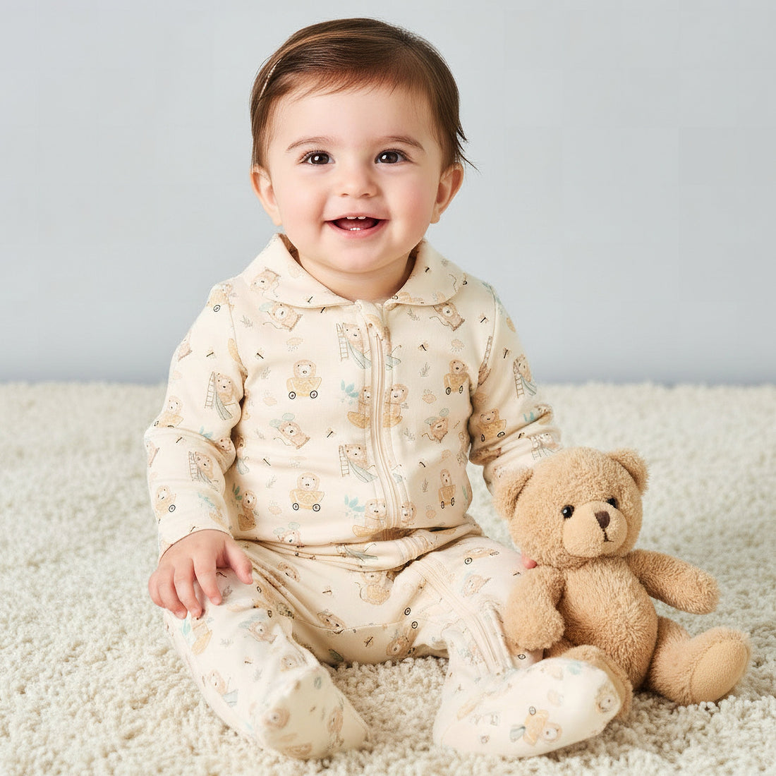 Juniors Bamboo Cotton Collared Long Sleeve Sleepsuit with Lion Print - Beige / 12-18 mths