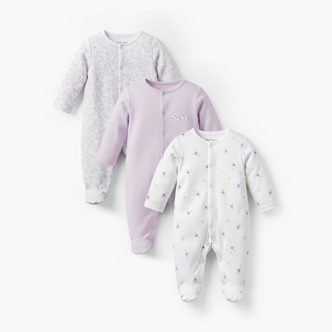 Pack of 3 Juniors Bamboo Cotton Round Neck Long Sleeves Sleepsuit with Print - Purple / 12-18 mths
