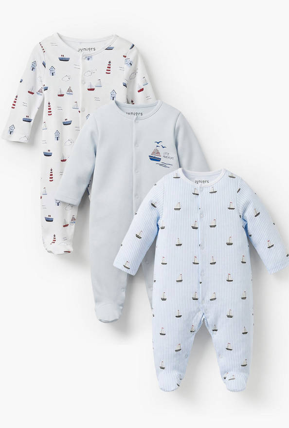 Pack of 3 Juniors Bamboo Round Neck Long Sleeves Sleepsuit with Nautical Print