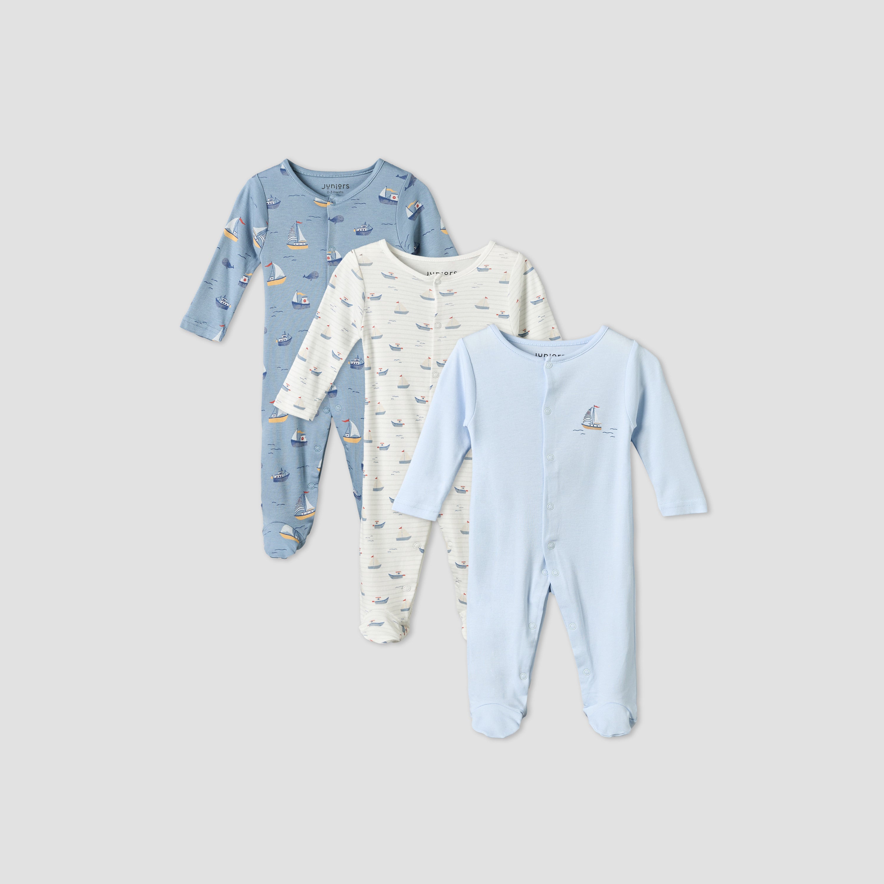 Pack of 3 Juniors Round Neck Long Sleeves Sleepsuit with Sail Boat Print