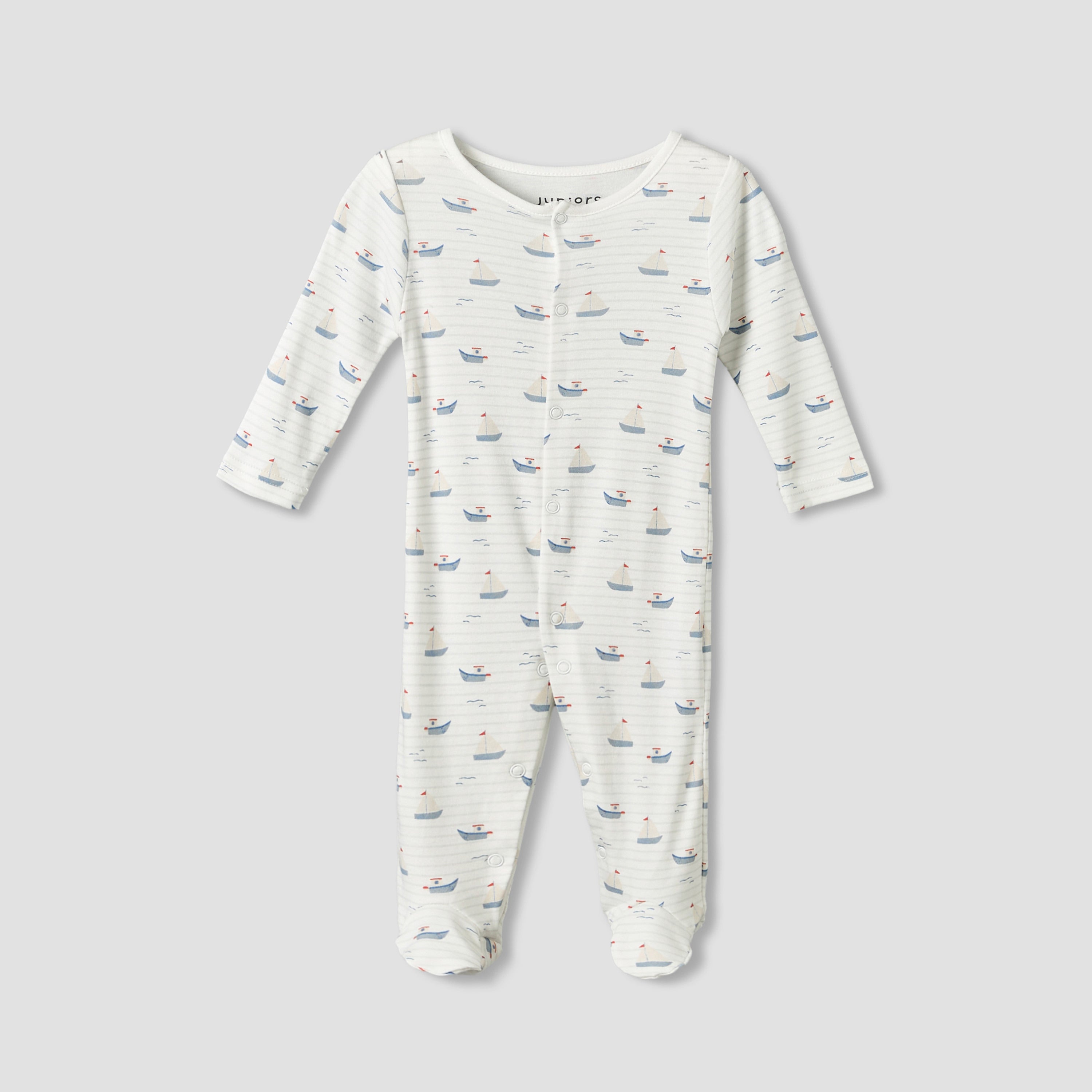 Pack of 3 Juniors Round Neck Long Sleeves Sleepsuit with Sail Boat Print