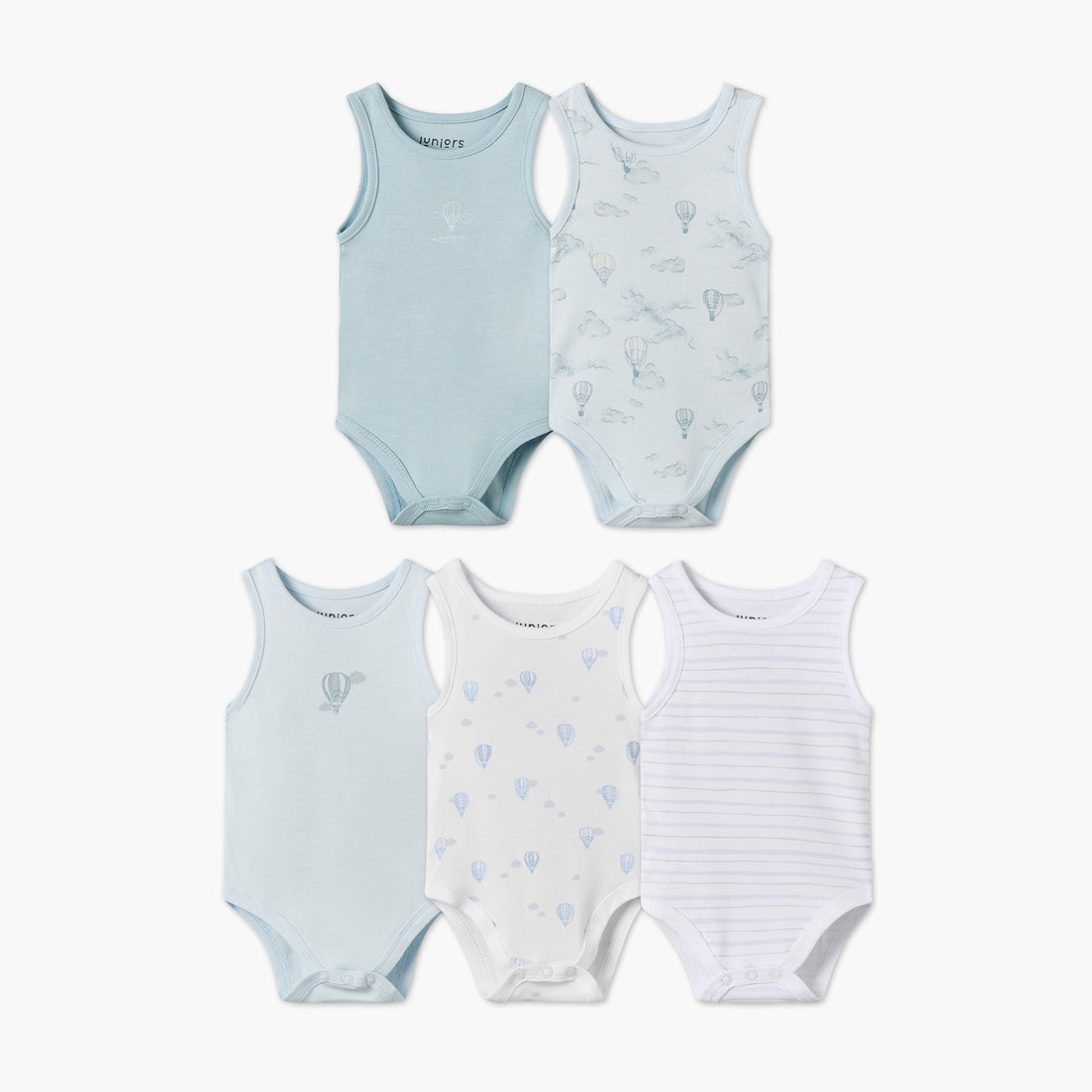Pack of 5 Juniors Crew Neck Sleeveless Bodysuit with Hot Air Balloon Print - Blue / 12-18 mths