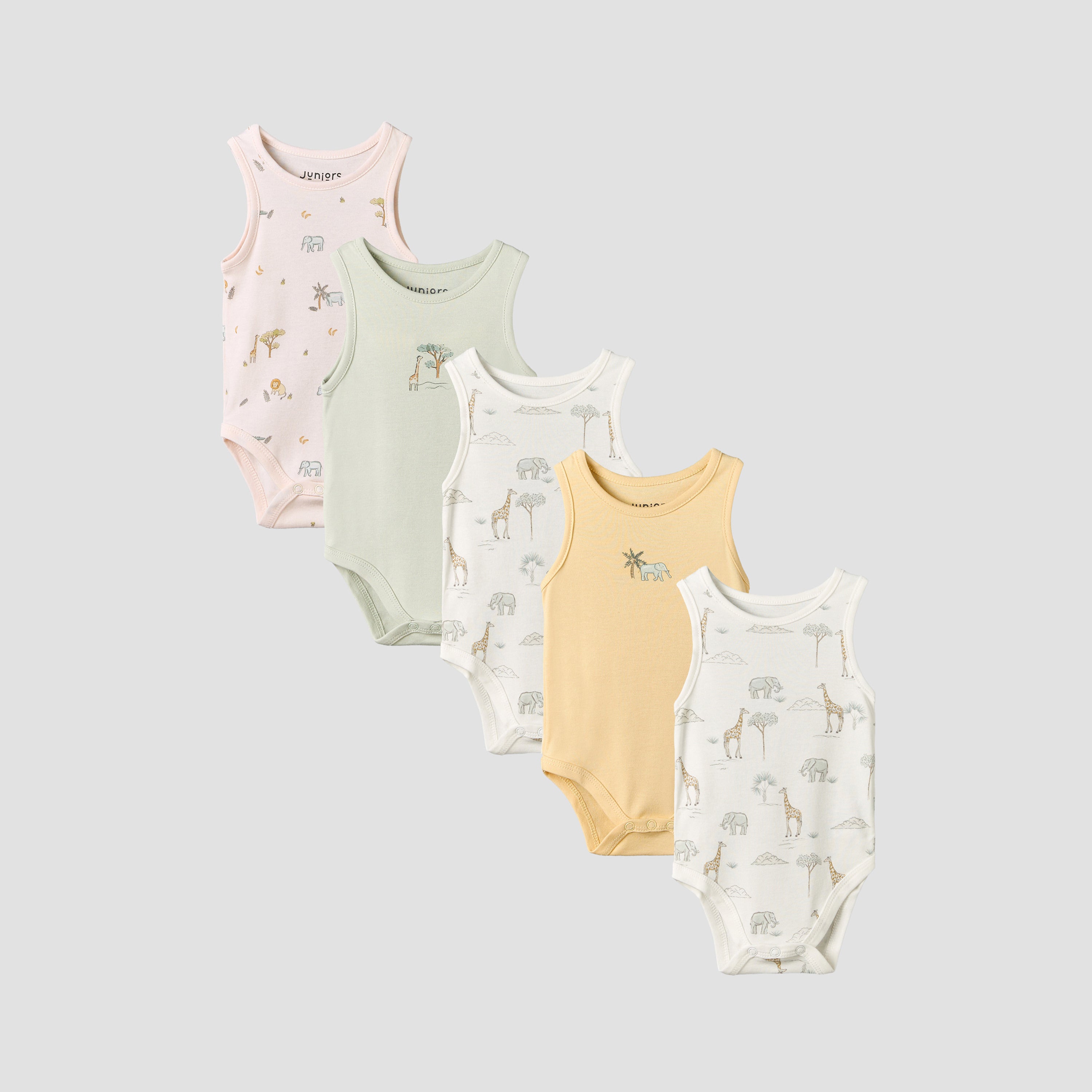 Pack of 5 Juniors Crew Neck Sleeveless Bodysuit with Safari Print - Multicolour / 18-24 mths