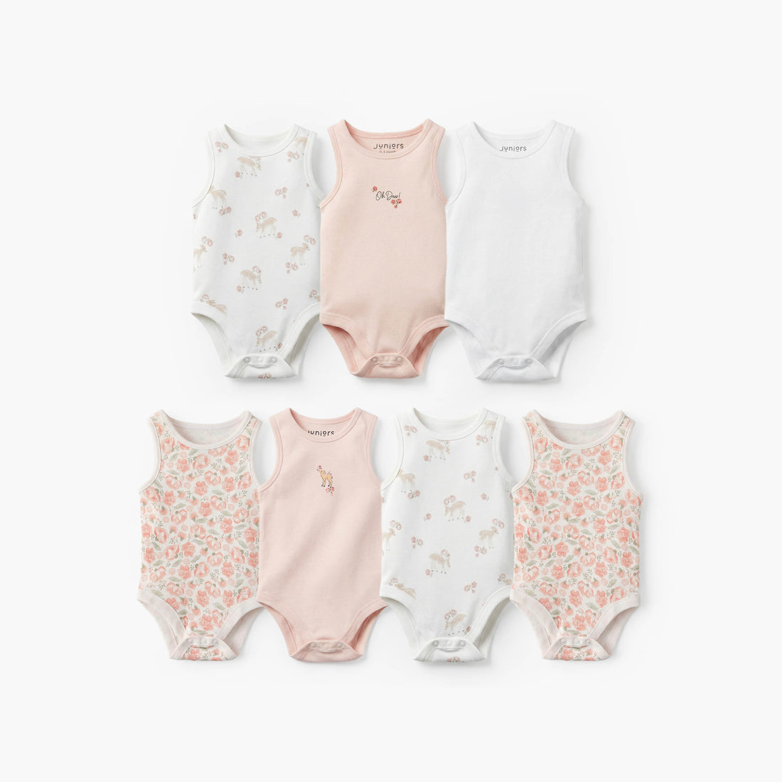 Pack of 7Juniors Bamboo Round Neck Sleeveless Bodysuit with Assorted Print - Pink / 12-18 mths