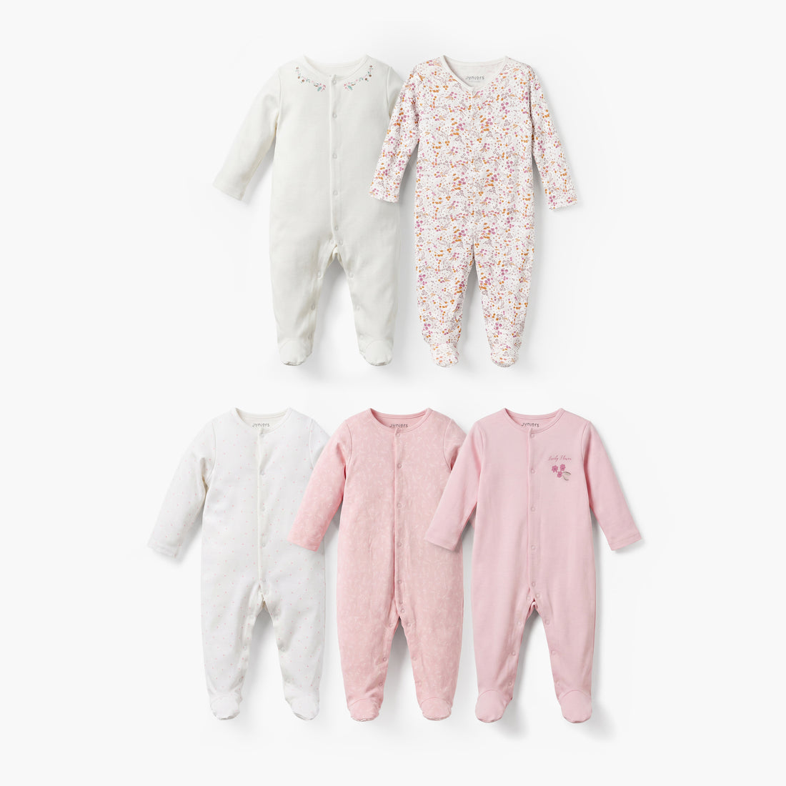 Pack of 5 Juniors Cotton Crew Neck Long Sleeves Sleepsuit with Snap Button Closure