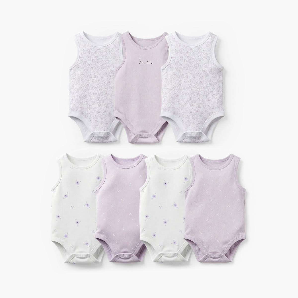 Pack of 7 Juniors Bamboo Cotton Round Neck Sleeveless Bodysuit with Floral Print - Purple / 12-18 mths