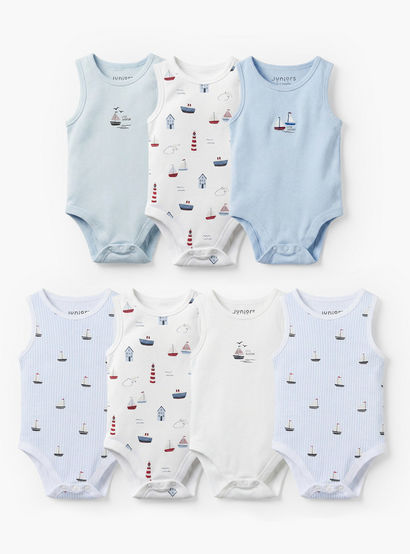 Pack of 7 Juniors Round Neck Sleeveless Bodysuit with Nautical Print-baby-boys-clothing-bodysuits-image-1