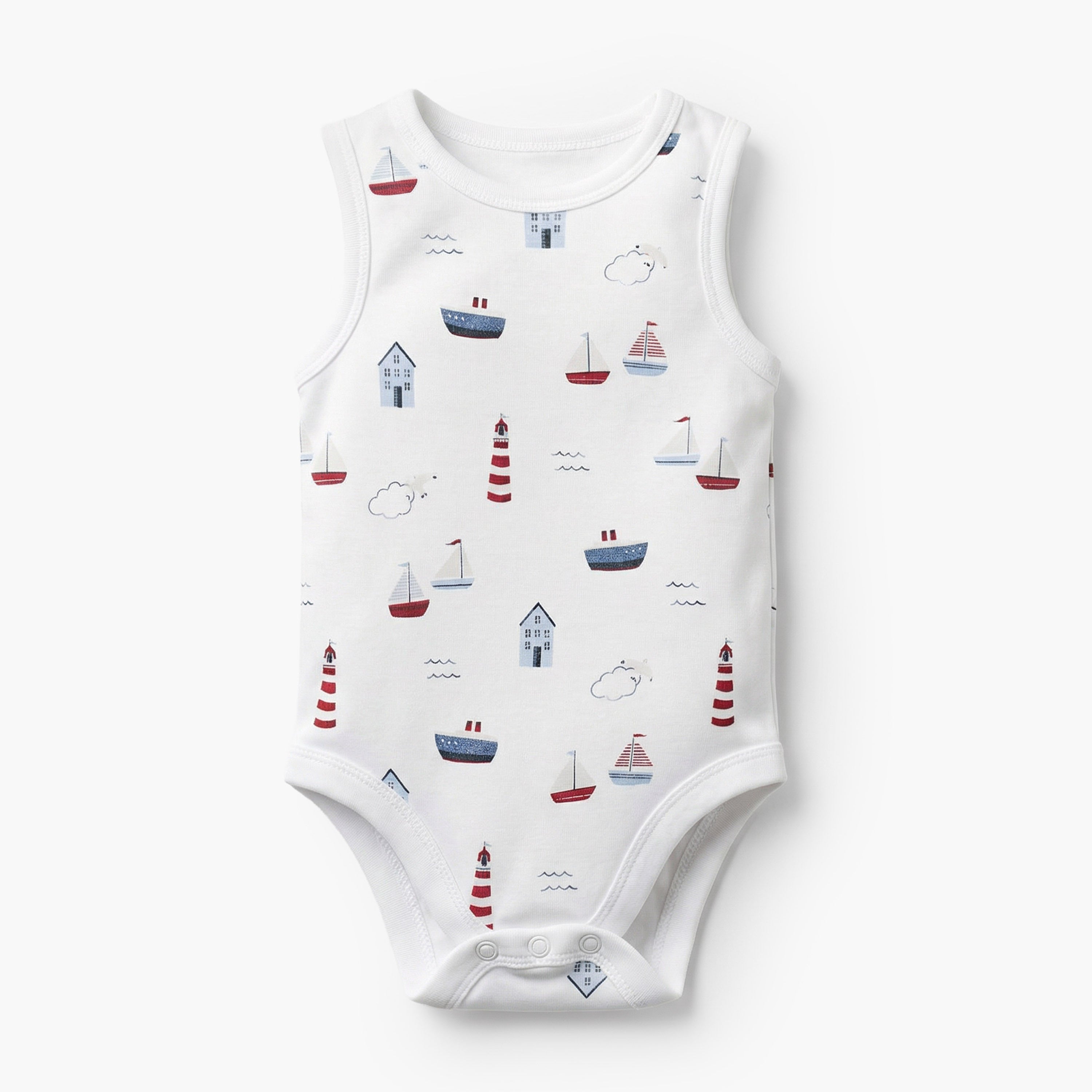 Pack of 7 Juniors Round Neck Sleeveless Bodysuit with Nautical Print