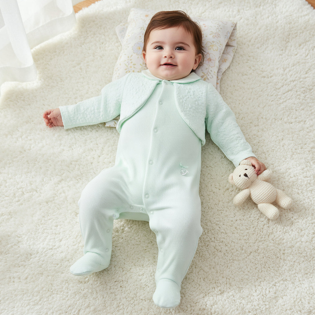 Giggles Collared Neck Sleepsuit with Snap Button Closure - Cotton - Long Sleeves - Green / 9-12 mths
