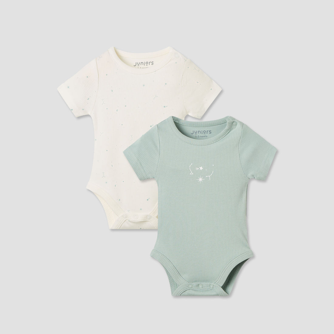 Juniors Round Neck Bodysuit with Snap Button Closure - Short Sleeves - Set of 2 - Green / 0-3 mths