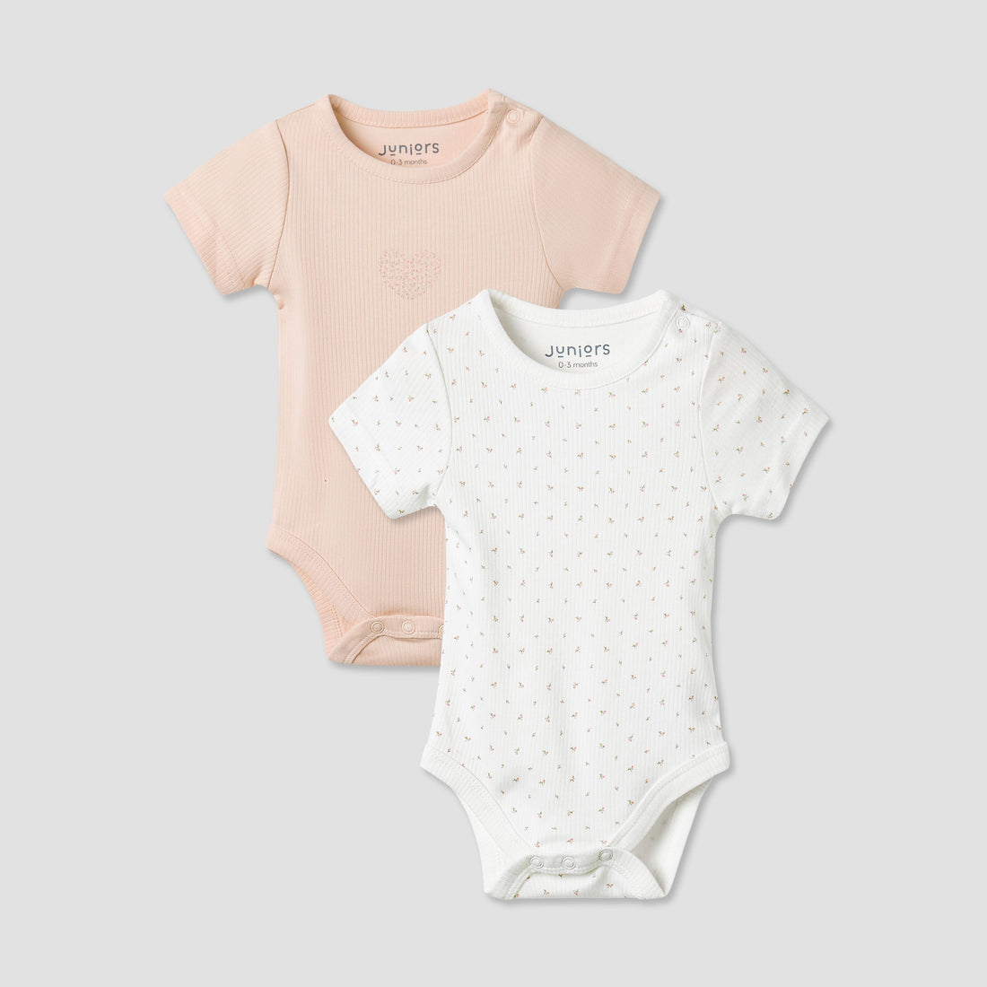 Juniors Round Neck Bodysuit with Snap Button Closure - Short Sleeves - Set of 2 - Pink / 3-6 mths