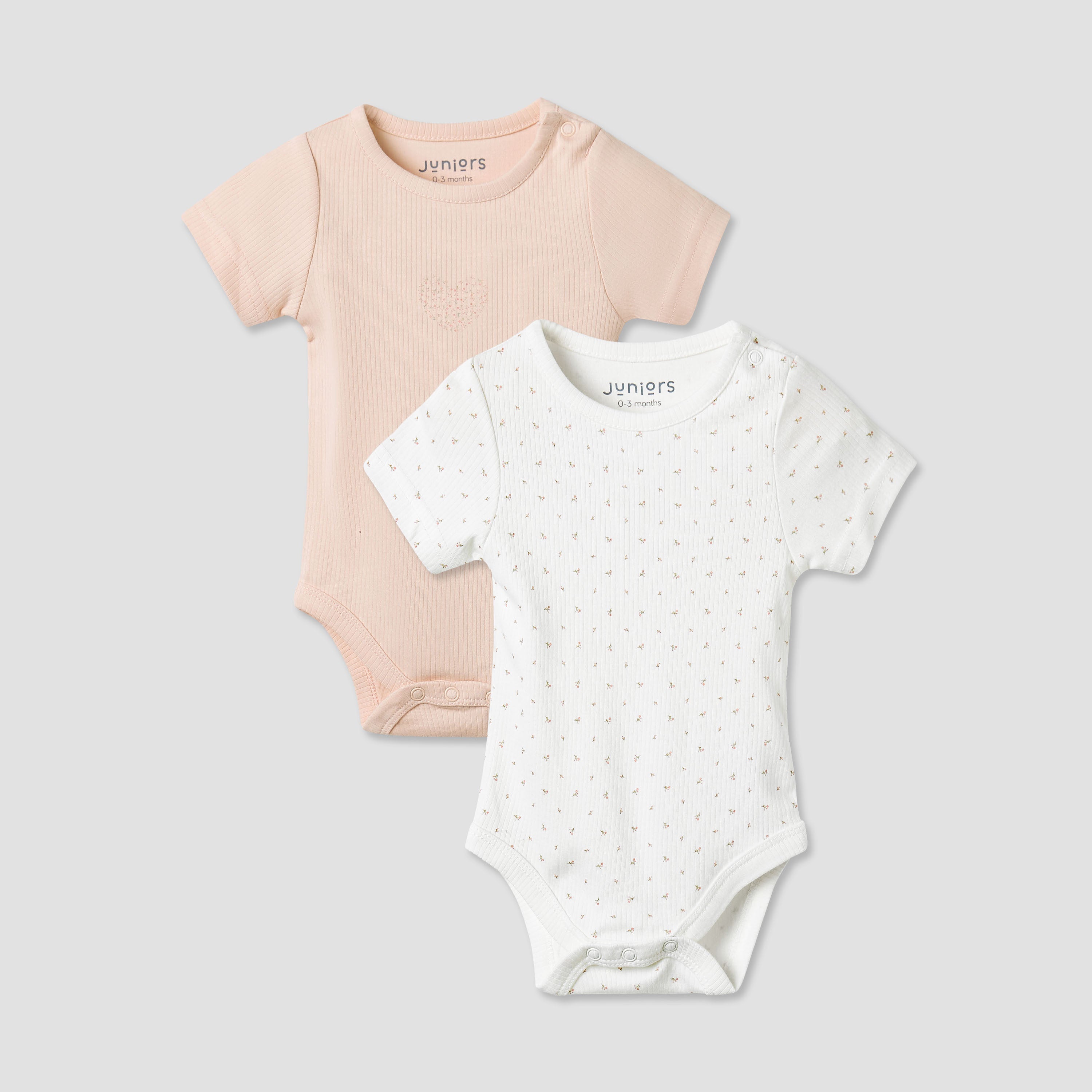Juniors Round Neck Bodysuit with Snap Button Closure - Short Sleeves - Set of 2 - Pink / 3-6 mths