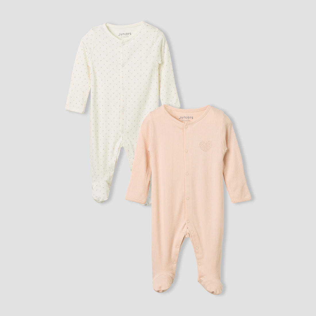Juniors Round Neck Sleepsuit with Snap Button Closure - Long Sleeves - Set of 2 - Pink / 0-3 mths