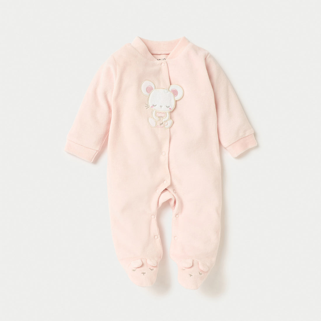 Juniors Mouse Applique Closed Feet Velour Sleepsuit with Button Closure - Pink / 9-12 mths