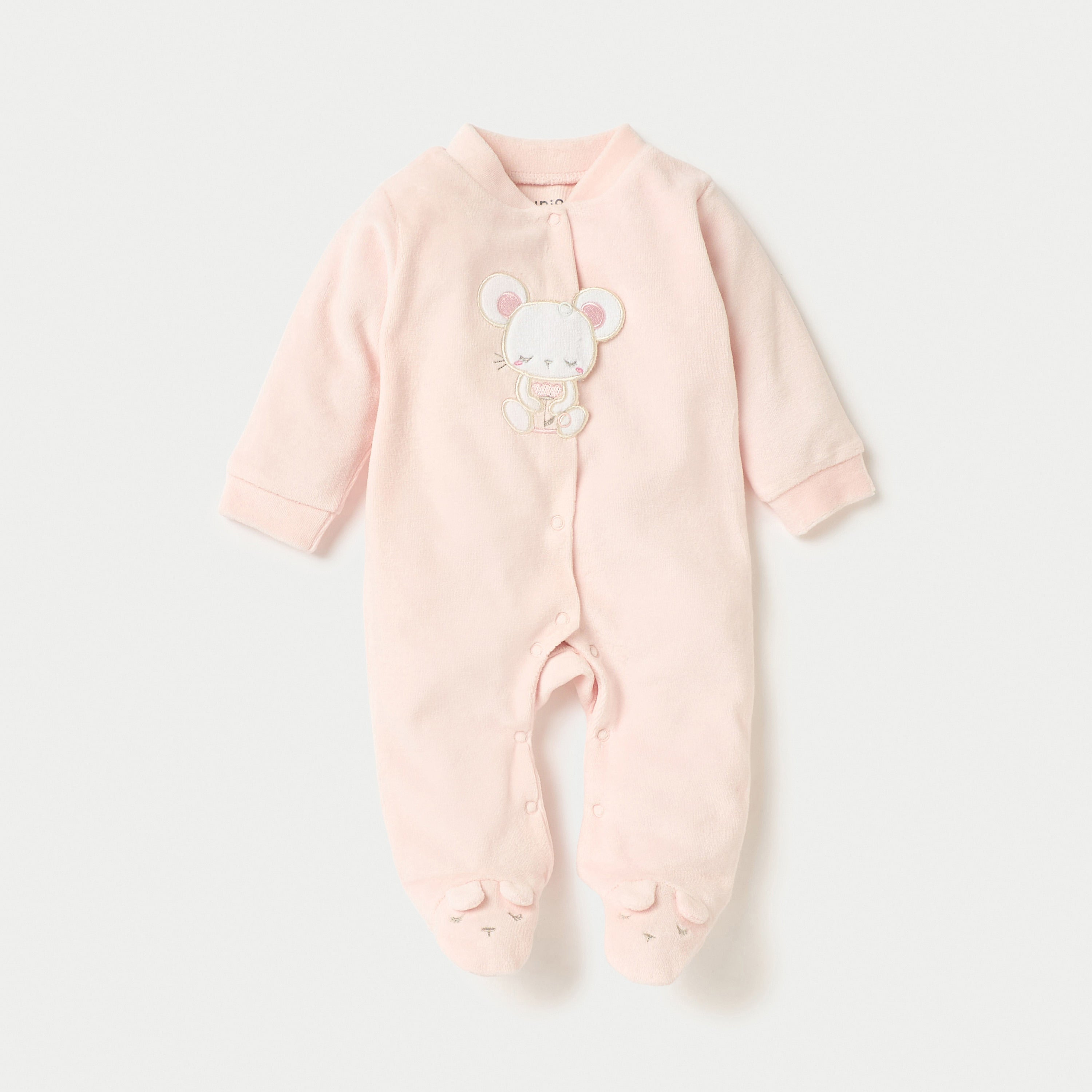 Juniors Mouse Applique Closed Feet Velour Sleepsuit with Button Closure - Pink / 9-12 mths