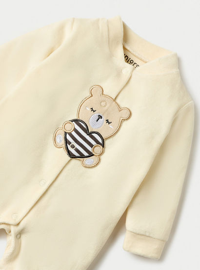 Juniors Bear Applique Velour Closed Feet Sleepsuit with Snap Button Closure-baby-boys-clothing-nightwear-sleepsuits-image-3