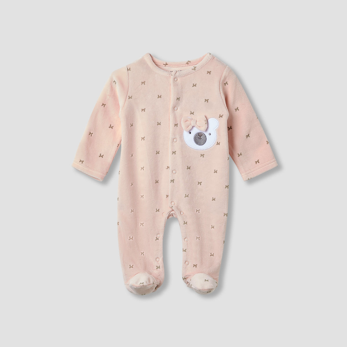 Juniors Crew Neck Sleepsuit with Bow Print- Cotton Blend - Long Sleeves - Pink / 9-12 mths